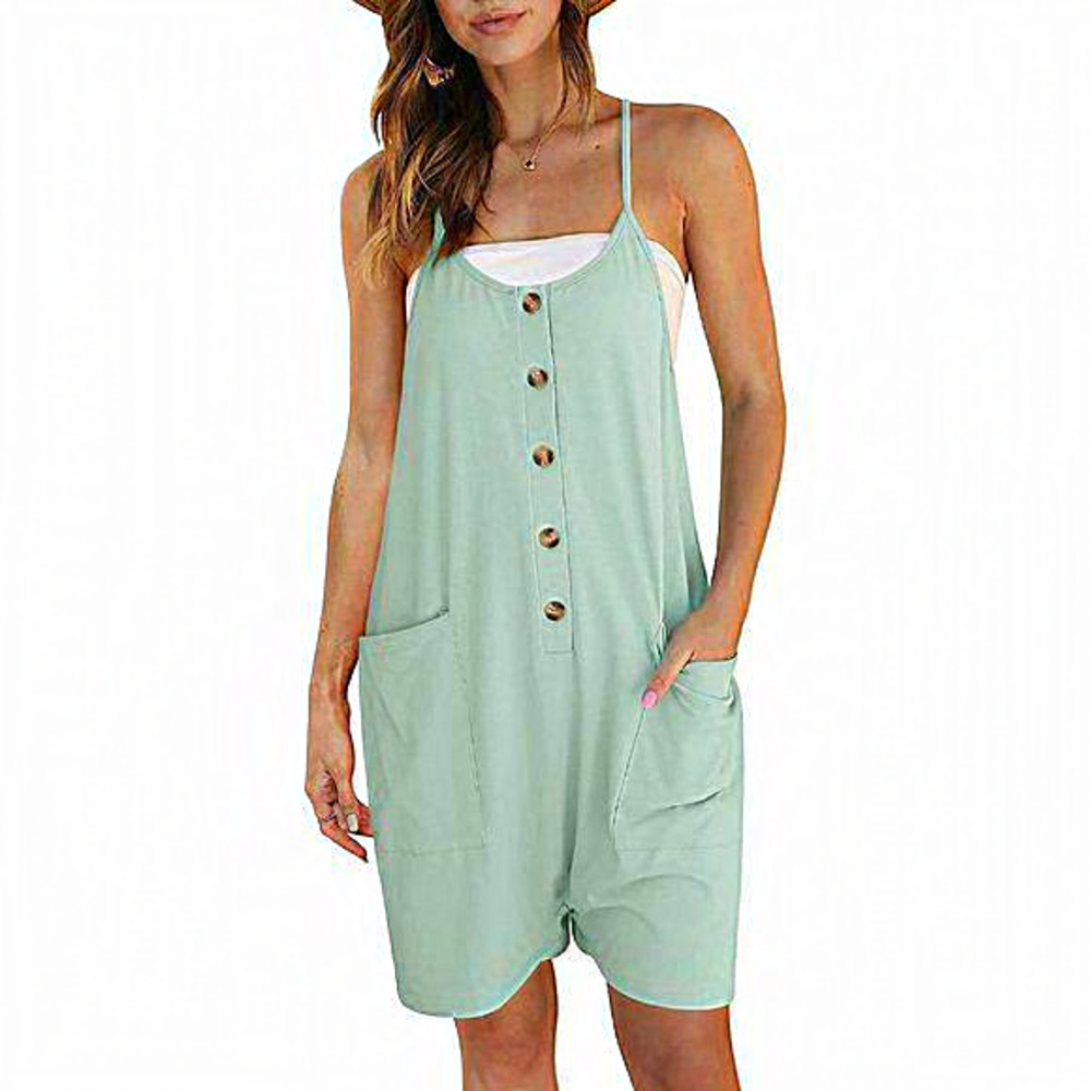 Women Summer Sleeveless Strap Button Down‎ Wide Leg Shorts Romper  with Pockets